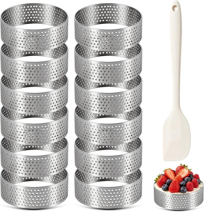 12 Stuks 6cm Dessertringen voor Mousse en Taartjes Perforated RVS Perfect voor Mini Pizzas Muffins en Gebak