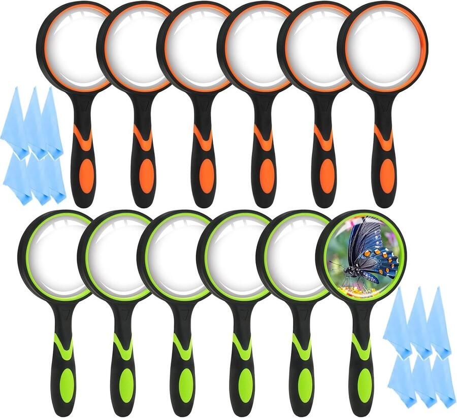 12 stuks 75 mm vergrootglas voor kinderen 10 x grote handloep leesloep voor senioren 2 kleuren vergrootglas voor kinderen onderzoekers antislip zacht rubberen handvat met brillenpoetsdoeken