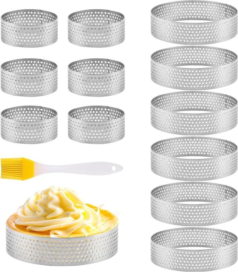 12 Stuks Crumpet Ringen van Roestvrij Staal met Anti-aanbaklaag Perfect voor Taarten en Mini-Pizza's Cirkelvormige Geperforeerde Kookringen van 5 cm en 8 cm