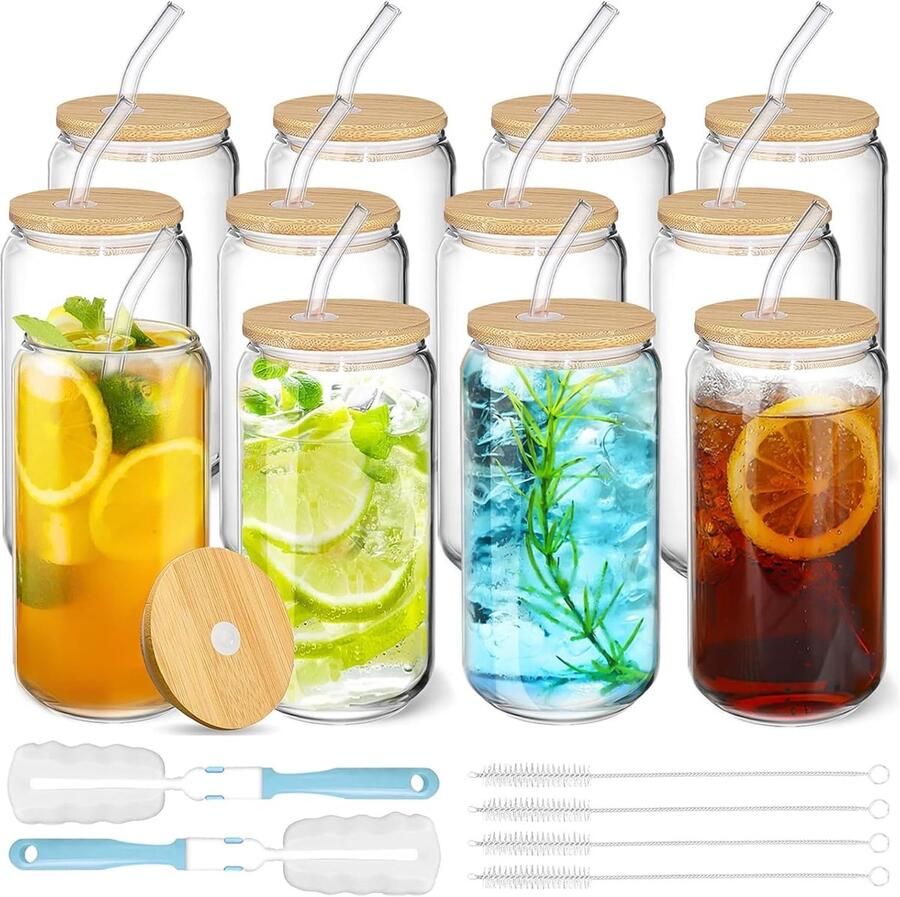 12 stuks drinkglazen met glazen rietjes en bamboe deksels 16 oz in de vorm van een bierblik helder tumbler voor iced coffee cocktails whisky cola sap frisdrank thee water feestje bar
