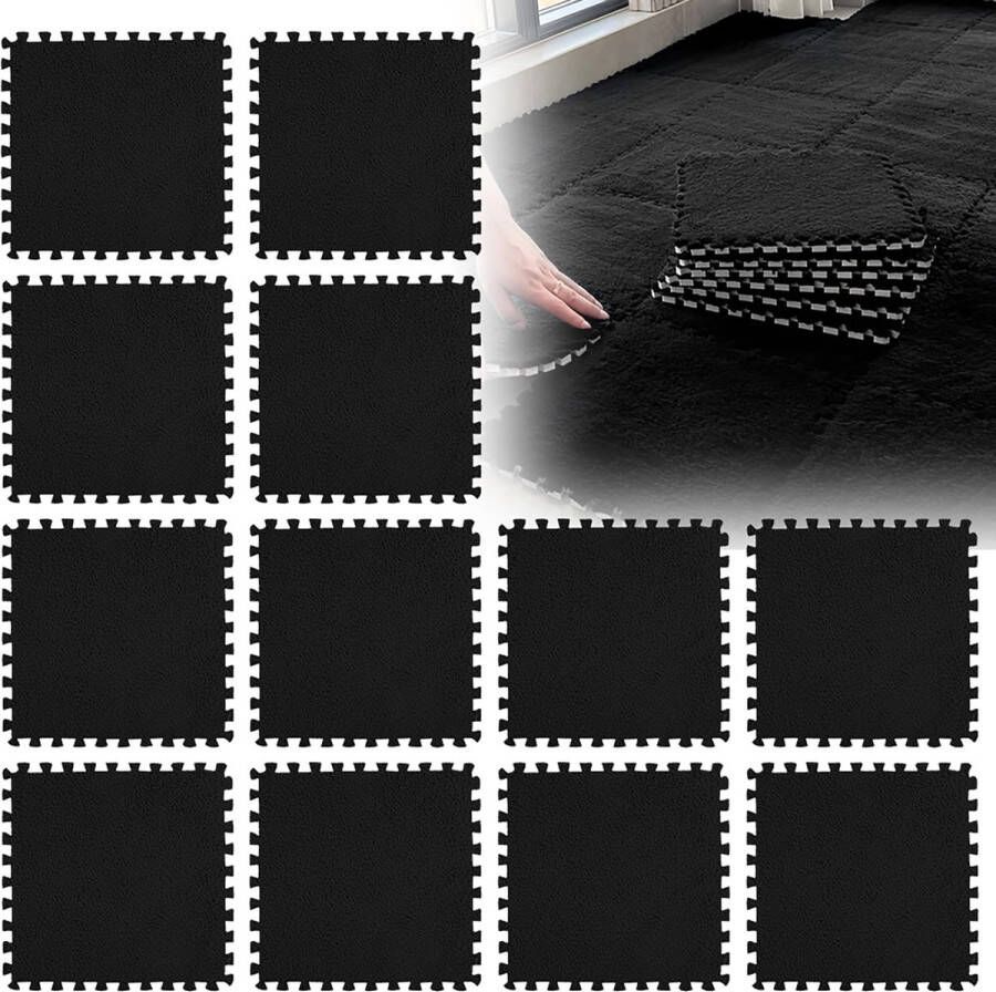 12 stuks in elkaar grijpende pluche vloertegels 30 x 30 cm schuimrubberen puzzelmatten pluizige woonkamer slaapkamer tapijttegels schuimstofmat zwart