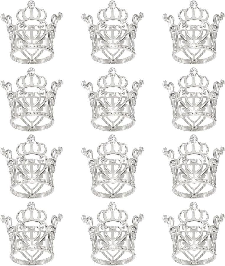 12 stuks mini-kroon taartopzetstukken legering koningin prinses kleine zilveren kroon tiara cupcake hartvormig met parels strass voor verjaardagstaart-decoratie hartkroon