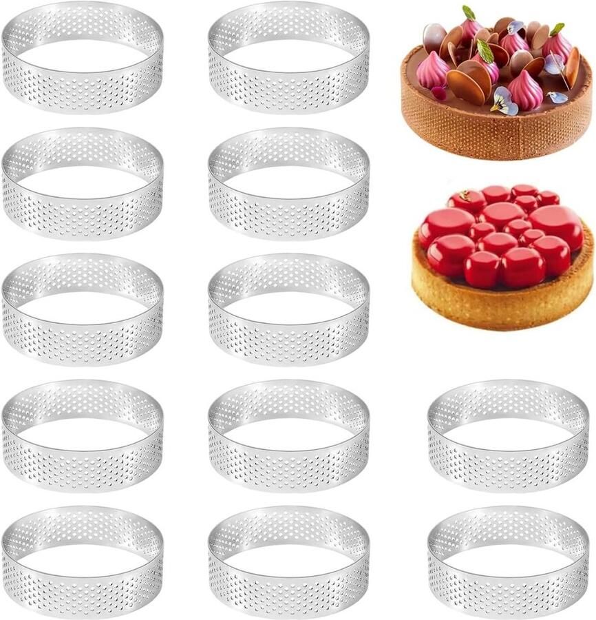 12 Stuks Mousse Tartlet Vormpjes van RVS 8cm Perforated Dessert Ringen voor Taarten Gebak en Mini Pizza's