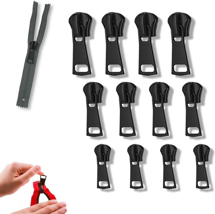 12 stuks ritssluiting reparatieset 3 maten #3 5 8 ritssluitingen ritsvervanging ritssluiting-reparatieset voor kleding rugzak bagage jassen slaapzak Zwart (B-Zwart)