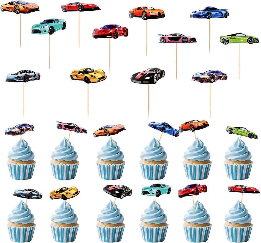 12 stuks sportwagen cupcake-toppers decoratie racewagenmotieven verjaardag cupcake-topperset voor babyshower kinderverjaardag en sportthemafeest