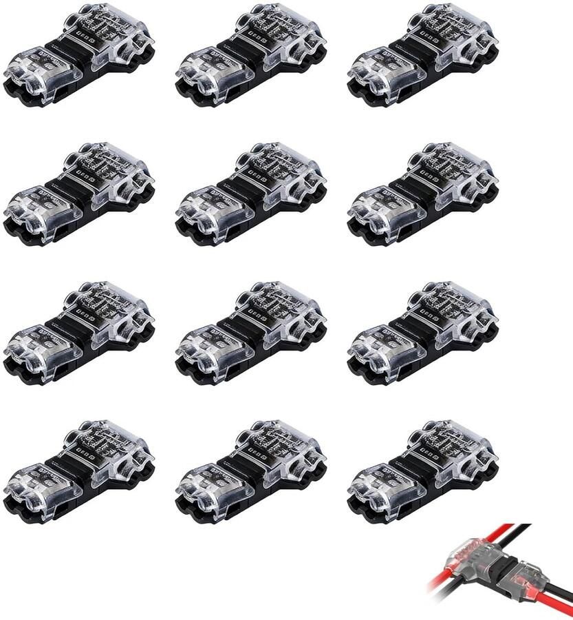 12 stuks T-connectoren snelspanning 2-polig elektrische klemmen zonder solderen waterdicht laagspanning 12 V-24 V voor kabels van 20-22 AWG led auto audio en doe-het-zelfprojecten