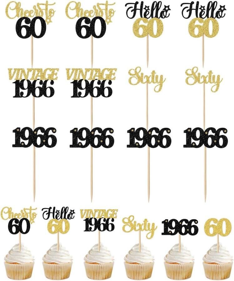 12 stuks taartdecoratie 60e verjaardag gouden glitter elegante decoratie voor man en vrouw creëert een onvergetelijk feest