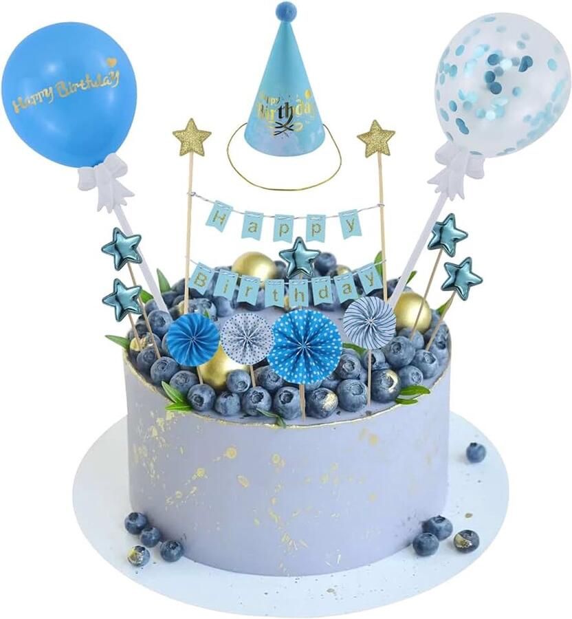 12 stuks taartdecoratie blauw taartdecoratie voor verjaardag Happy Birthday taartdecoratie zwart papieren waaiers sterren cupcake taartstekers voor verjaardagsdecoratie