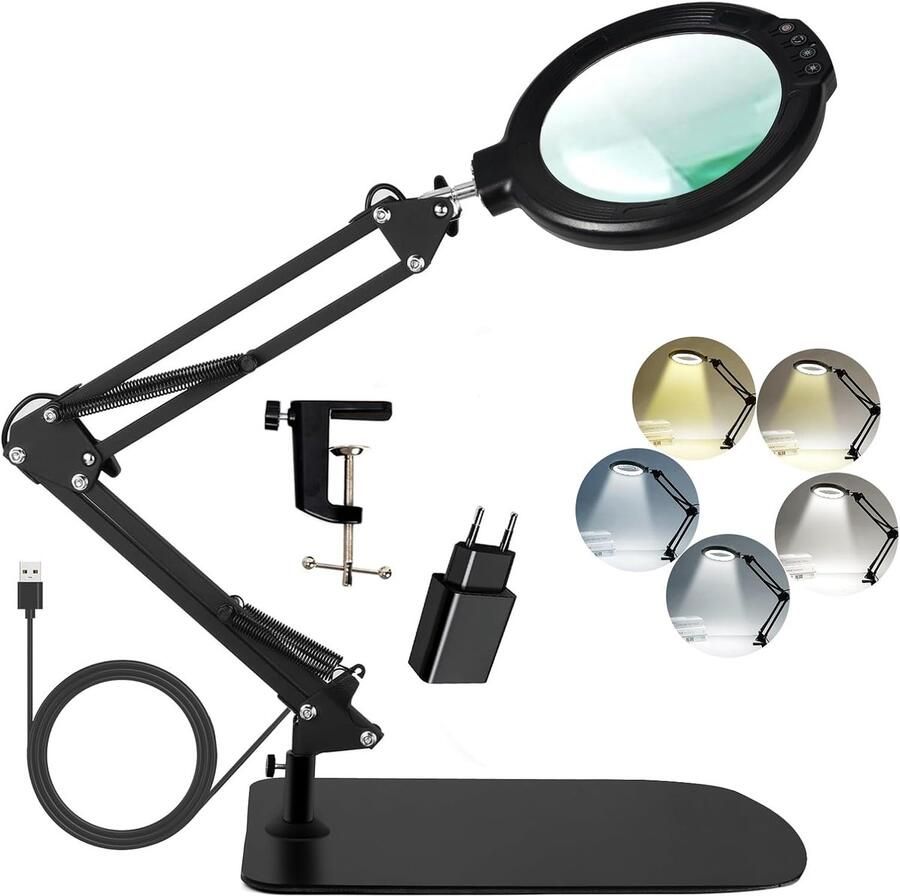 12-voudige loep met licht en standaard 5 2 inch vergrootglas met 5 kleurmodi 10 dimbare helderheid 2-in-1 bureaulamp met klem handvrije leesloep voor strak werk reparatie schilderen