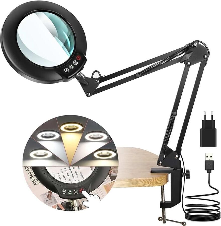 12 x vergrootglas met licht 5 kleurmodi traploos dimbaar verstelbare zwenkarm led-verlichte bureaulamp met klem handsfree vergrootglas met licht en standaard voor handwerk hobby