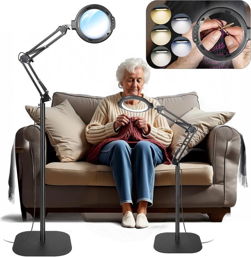 12 x vloerloep met licht en standaard flexibele zwenkarm vergrootlamp met 54 leds 5 kleurmodi traploos dimbaar handsfree vergrootglas voor lezen naaien handwerk fijn werk