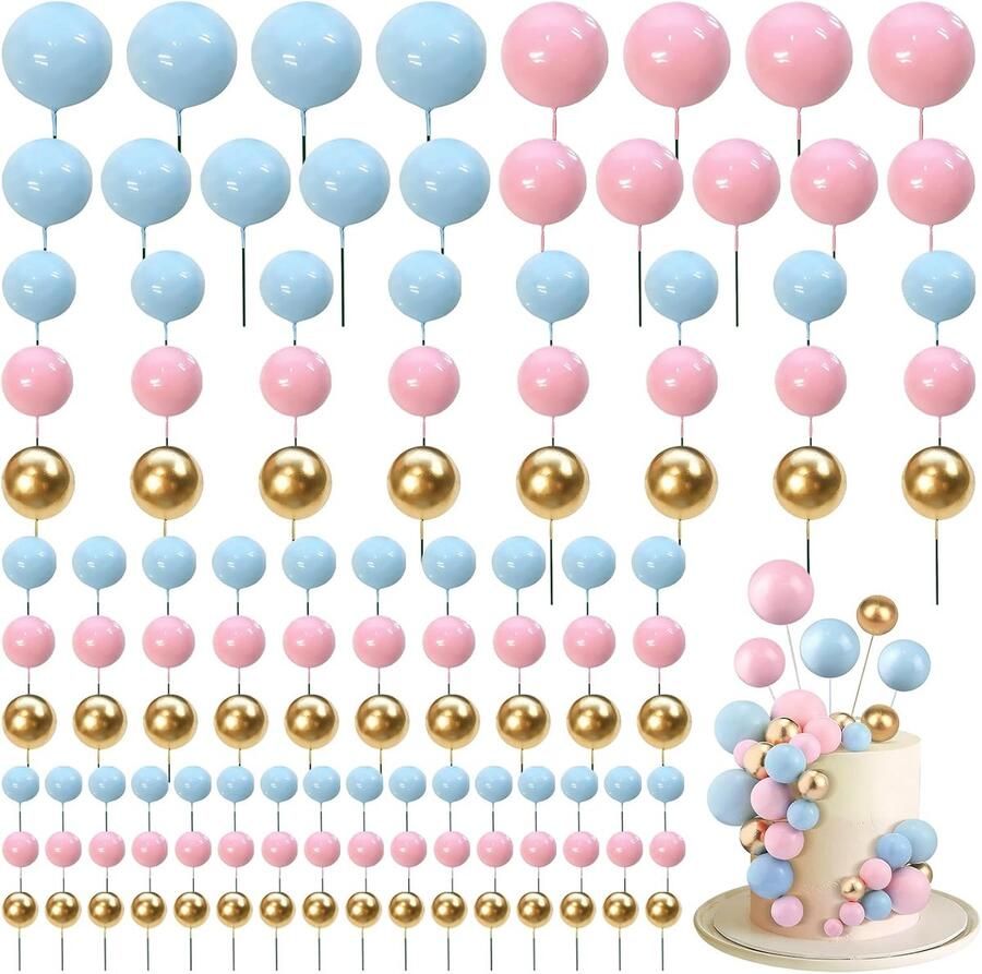120 stuks taartdecoratie ballen taarttopper Happy Birthday taartdecoraties voor bruiloft feest babyshower verjaardag taart versieren (roze + blauw + goud)