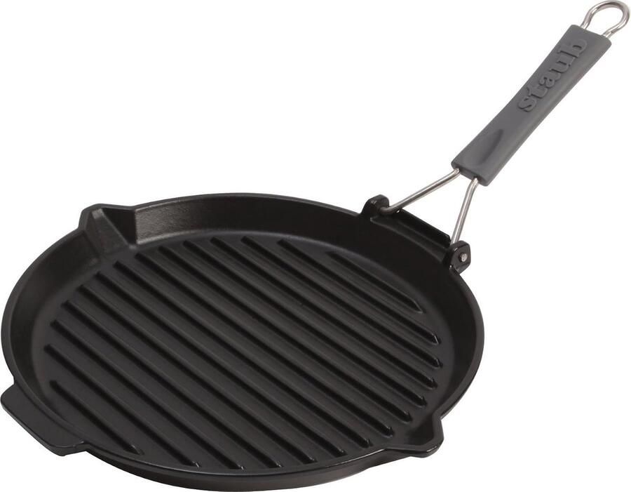 1202023 grillpan rond met siliconen handvat 27 cm met matzwarte emaille coating binnenin de pan zwart