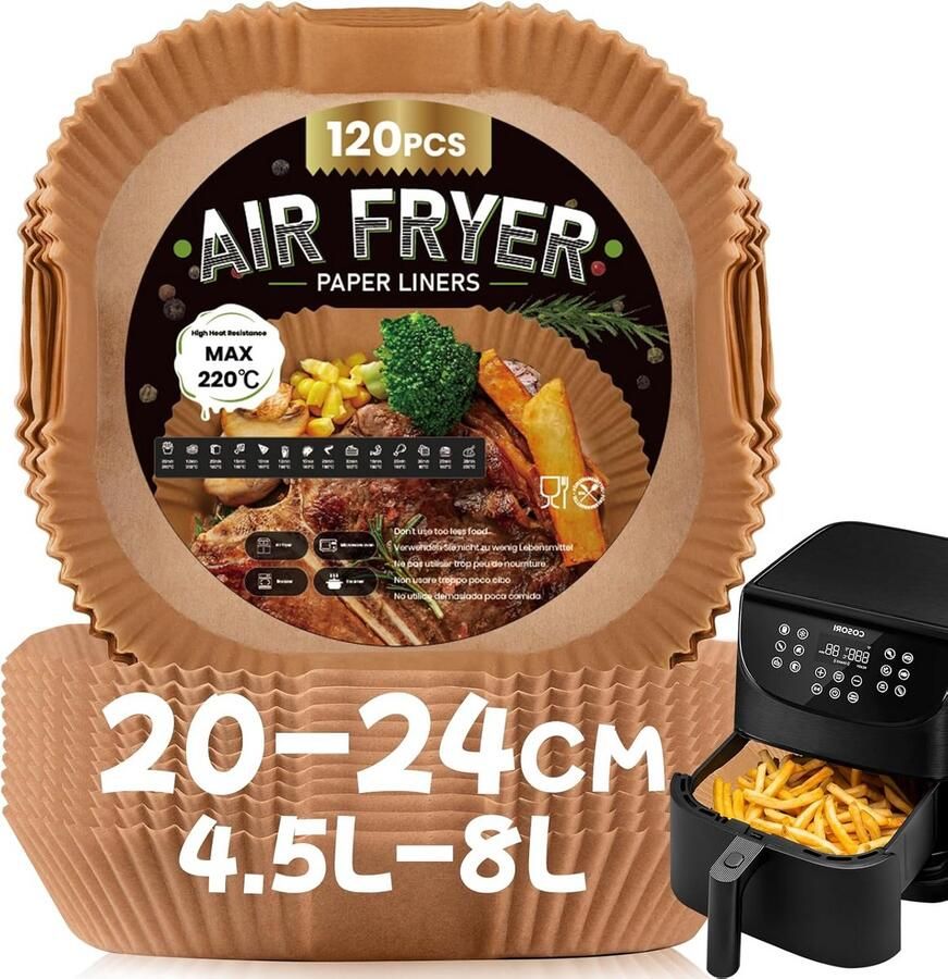 120x Vierkante Airfryer Papieren Inlegvellen Antiaanbak & Wegwerp Geschikt voor 5-7 Liter (20-24 cm)