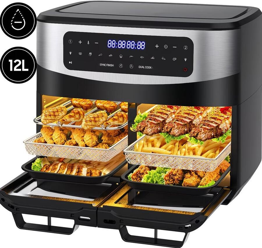 12L XXL Dubbele Airfryer met Kijkvenster – 2600W Heteluchtfriteuse met 2 Kamers LED Touchscreen & 10 Programma s – Dehydrator Functie
