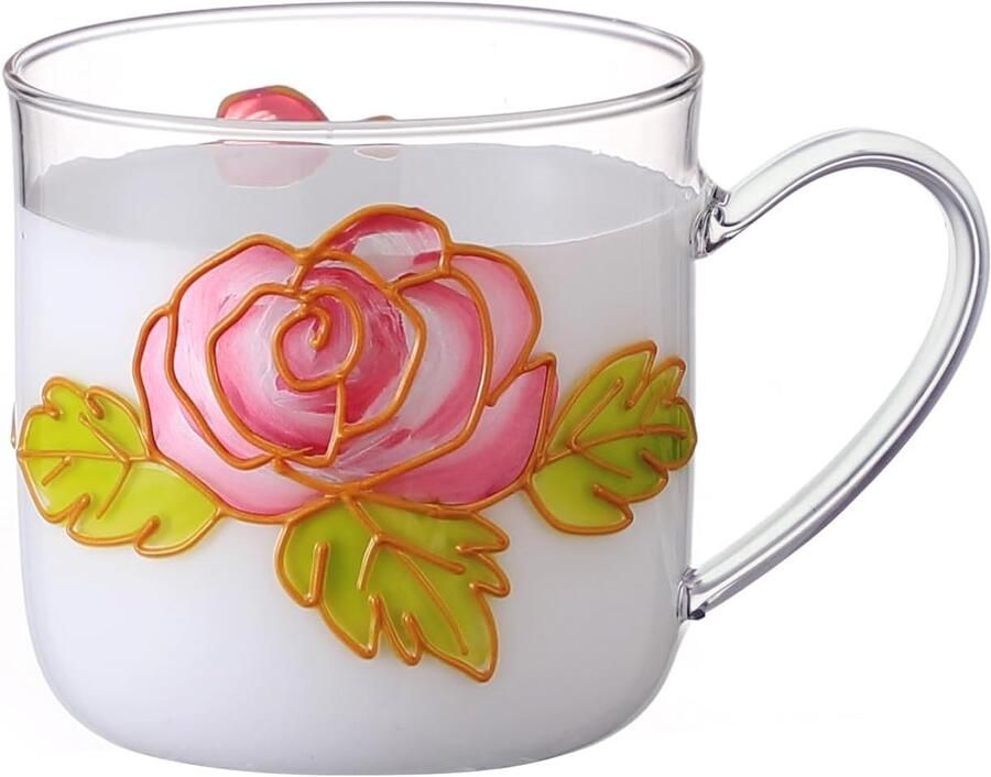 12oz 350ml handgeschilderde glazen bekers met handvat heldere glazen koffiemokken theekop voor warme dranken latte-glazen 1 pakket. (Rose)