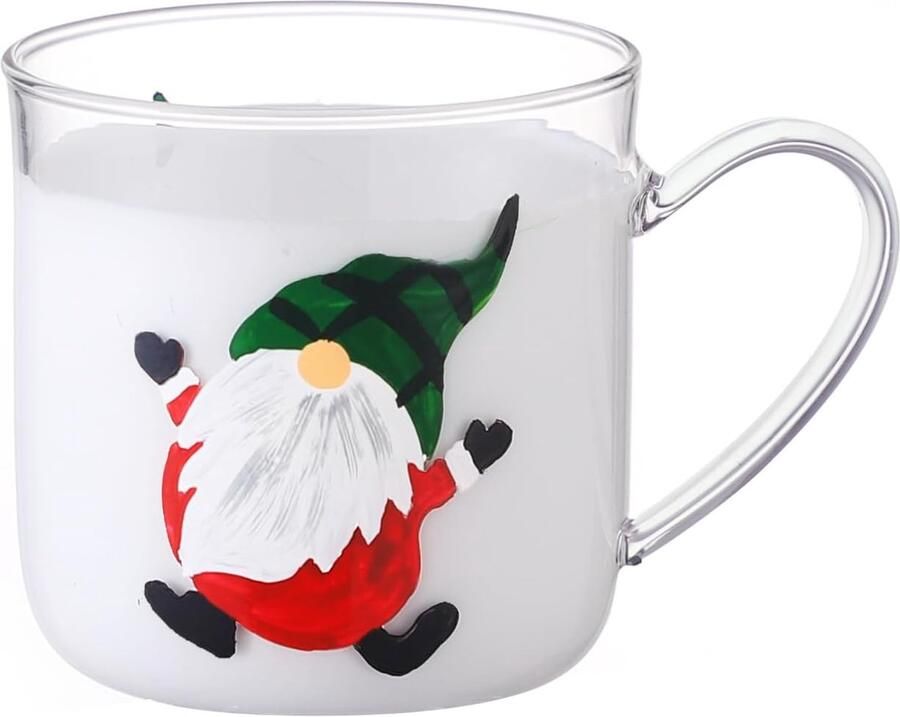12oz 350ml handgeschilderde glazen bekers met handvat heldere glazen koffiemokken theekop voor warme dranken latte-glazen 1 pak. (groene hoed kerstman)