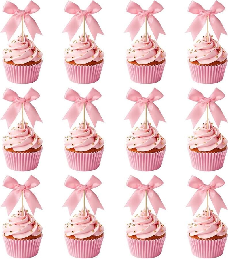 12st Roze Strik Cupcaketoppers Strik Cupcake Toppers Roze Lint Strik Taarttopper Strik Cupcakeprikkers Roze Strik Verjaardagsdecoraties voor Bruiloft Babyshower Vrijgezellenfeest