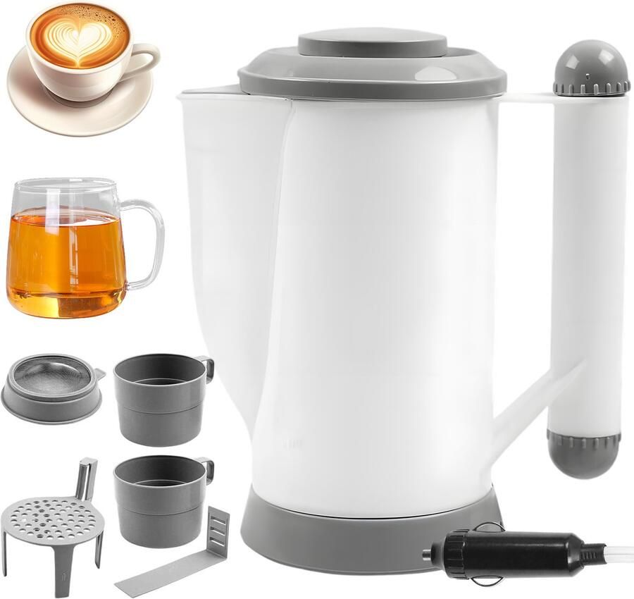 12V Auto waterkoker Reiswaterkoker 700ml 150W Snelle Verwarming Oververhitting & Droogkookbeveiliging Inclusief 2 Bekers & Beugel Voor Auto Camper & Reizen