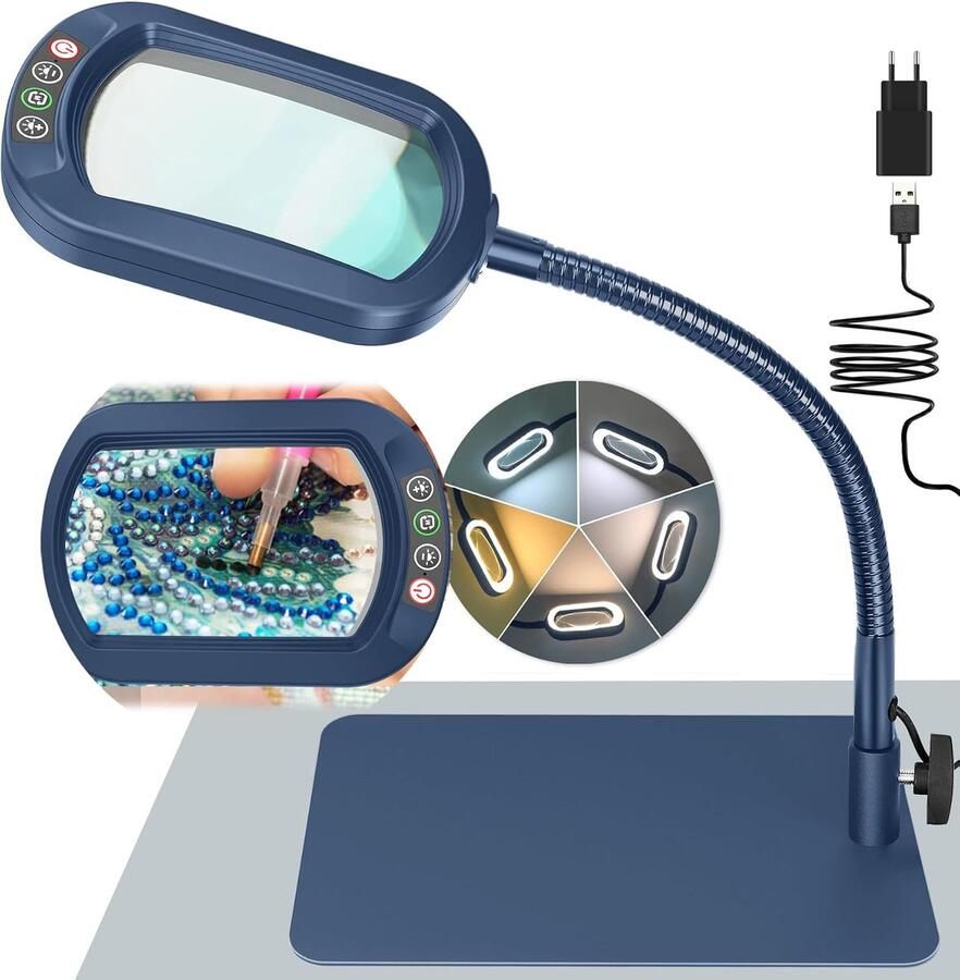 12X Rechthoekig Vergrootglas met Licht en Standaard Echt Glazen Loeplamp 5 Kleurmodi Traploos Dimbaar Flexibele Zwanenhals LED-verlichte Bureaulamp Vergroting Bureaulamp om te Naaien Blauw