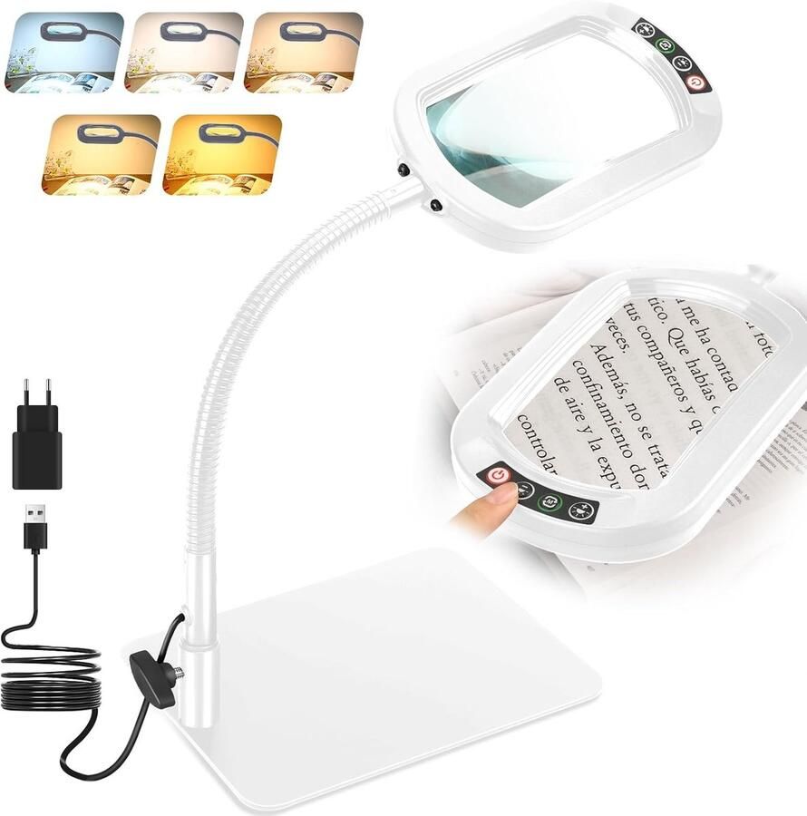 12X Rechthoekig Vergrootglas met Licht en Standaard Echt Glazen Loeplamp 5 Kleurmodi Traploos Dimbaar Flexibele Zwanenhals LED-verlichte Bureaulamp Handsfree Vergrootlamp voor Lezen Wit