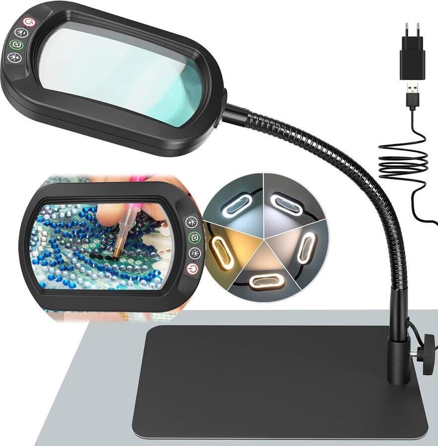 12X Rechthoekig Vergrootglas met Licht en Standaard Echt Glazen Loeplamp 5 Kleurmodi Traploos Dimbaar Flexibele Zwanenhals LED-verlichte Bureaulamp Handsfree Vergrootlamp voor Lezen Hobby