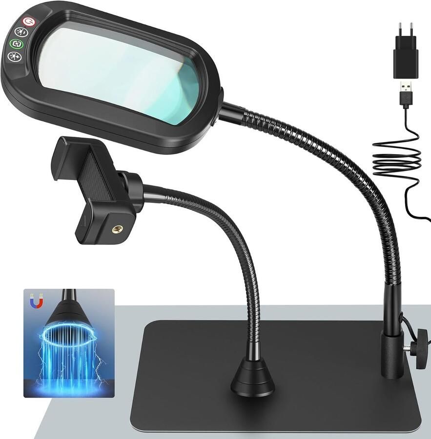 12X Rechthoekig Vergrootglas met Licht en Standaard Echt Glazen Loeplamp met Telefoonhouder 5 Kleurmodi Traploos Dimbaar Zwanenhals LED Bureaulamp Handsfree Vergrootlamp voor Lezen Hobby