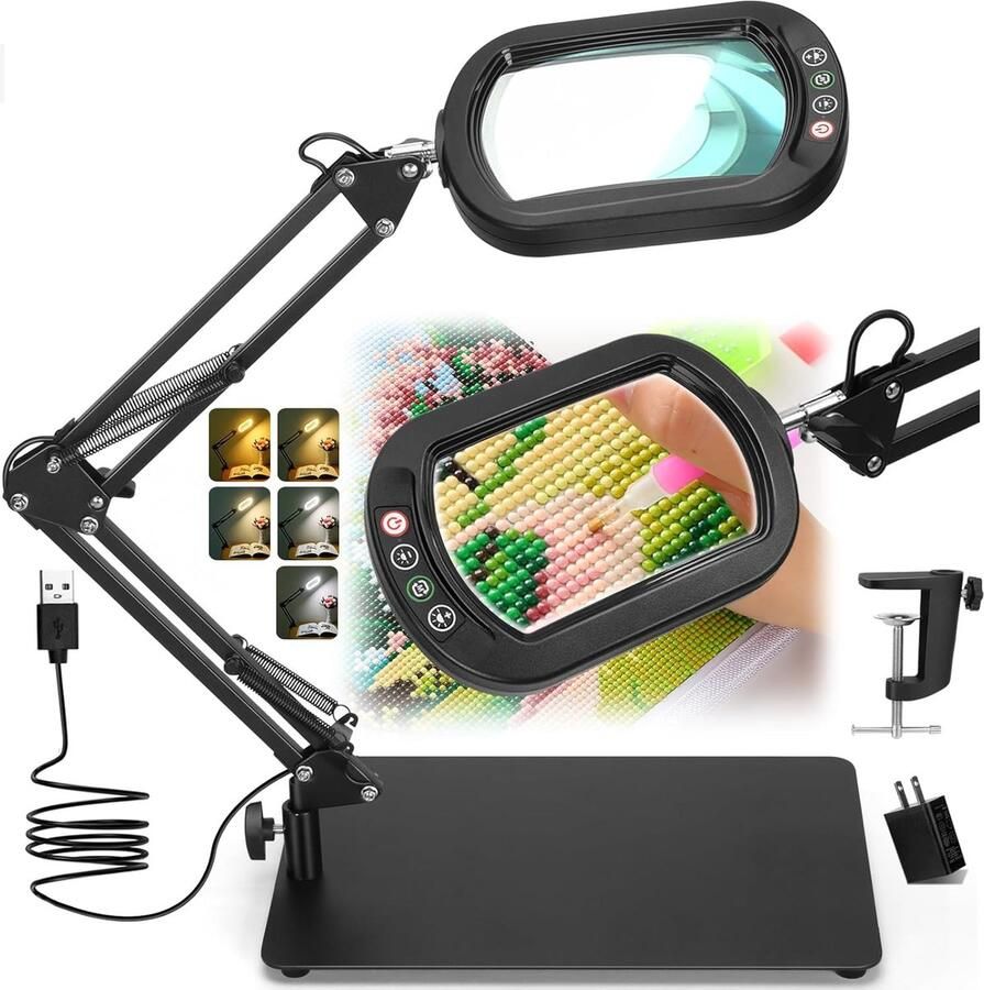 12x rechthoekige loep met licht en standaard 5 kleurmodi traploos dimbaar 2-in-1 led-verlichte bureaulamp en klem handsfree leesloep voor lezen handwerk reparatie schilderen