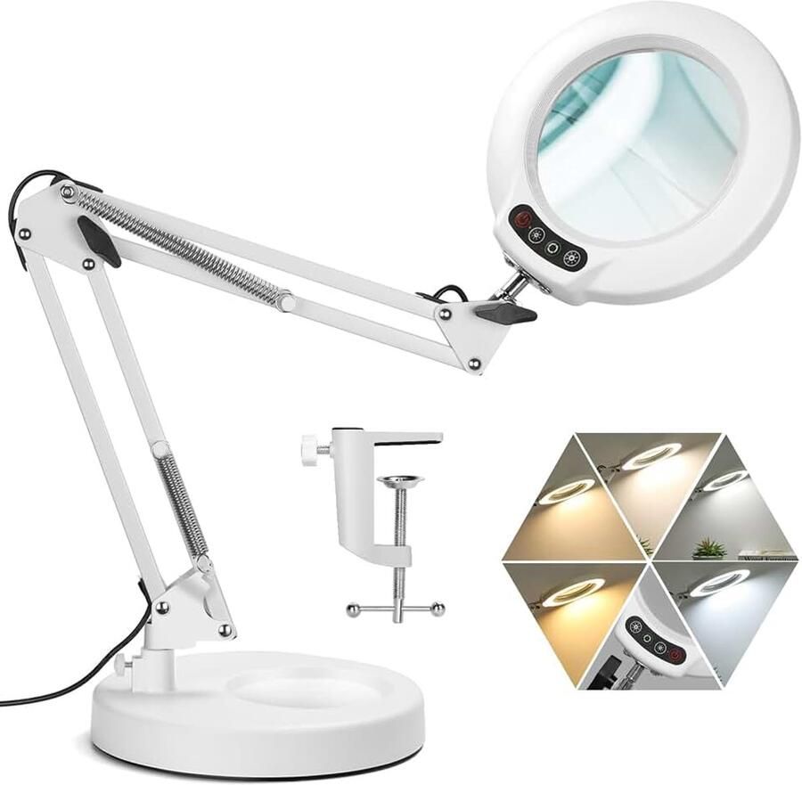 12x vergrootglas met licht 5 kleurmodi traploos dimbaar 2-in-1 bureaulamp en klem led-verlichte loep met licht en standaard handenvrij voor handwerk hobby schilderen sluiten werk