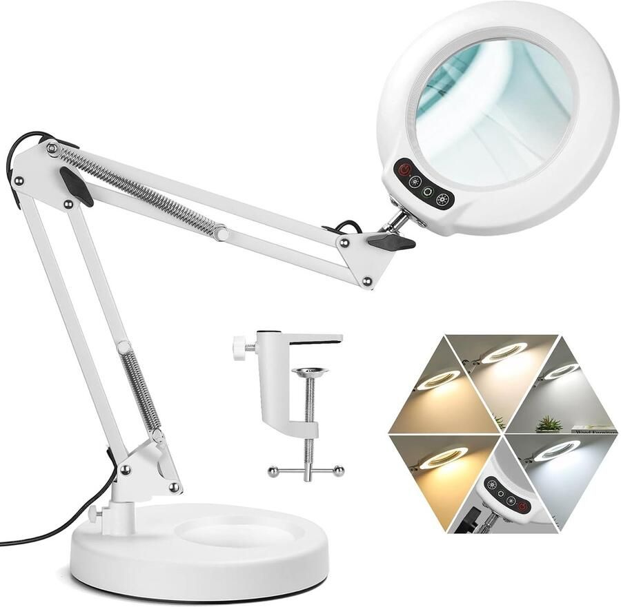 12x vergrootglas met licht 5 kleurmodi traploos dimbaar 2-in-1 bureaulamp en klem led-verlichte loep met licht en standaard handenvrij voor handwerk hobby schilderen sluiten werk