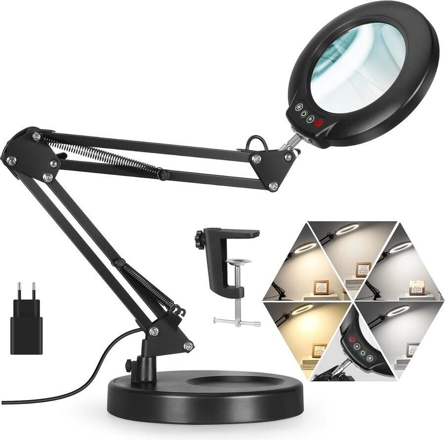 12x vergrootglas met licht 5 kleurmodi traploos dimbaar 2-in-1 bureaulamp en klem led-verlichte loep met licht en standaard handenvrij voor handwerk hobby schilderen sluiten werk