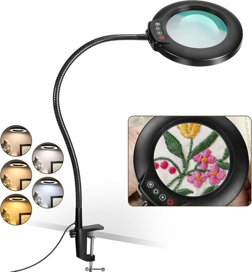 12x vergrootglas met licht en klem echt glas vergrootlamp 5 kleurmodi traploos dimbaar 58 cm flexibele zwanenhals standaard tafelloep met verlichting led-loeplamp voor lezen