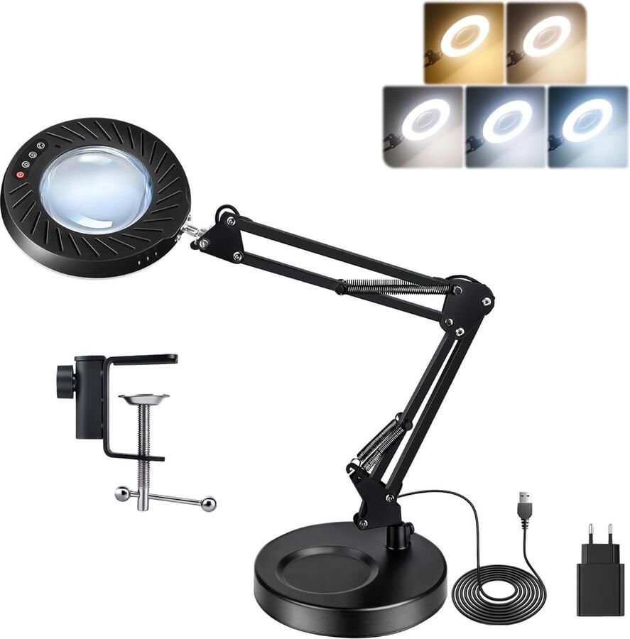 12x vergrootglas met licht en standaard 2A adapter inbegrepen 5 kleuren 9 helderheidsniveaus 2-in-1 bureau-scharnierarmlamp led-loep met licht voor handwerk hobby schilderen borduurwerk
