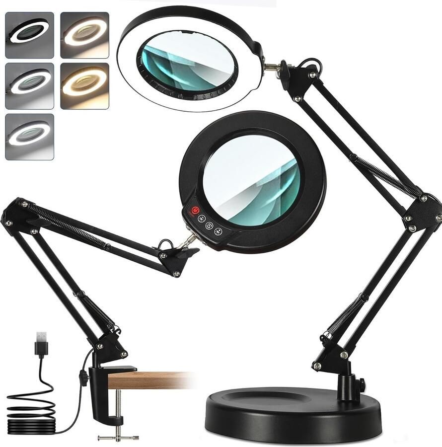 12x Vergrootglas Met Licht en Standaard 5 Kleurmodi dimbaar 2-in-1 LED-Verlichte Bureaulamp en Klem Handsfree Vergrootglas Voor Lezen Knutselen Hobby's en Werk