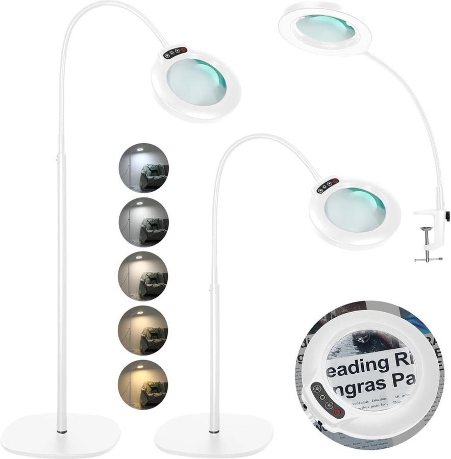 12X Vergrootglas met Verlichting en Standaard 24 Flexibele Zwanenhals 5 Kleurmodi Traploos Dimbaar Vergrotende Staande Lamp 3-in-1 Vergrootglas met Verlichting voor Lezen en Knutselen Wit