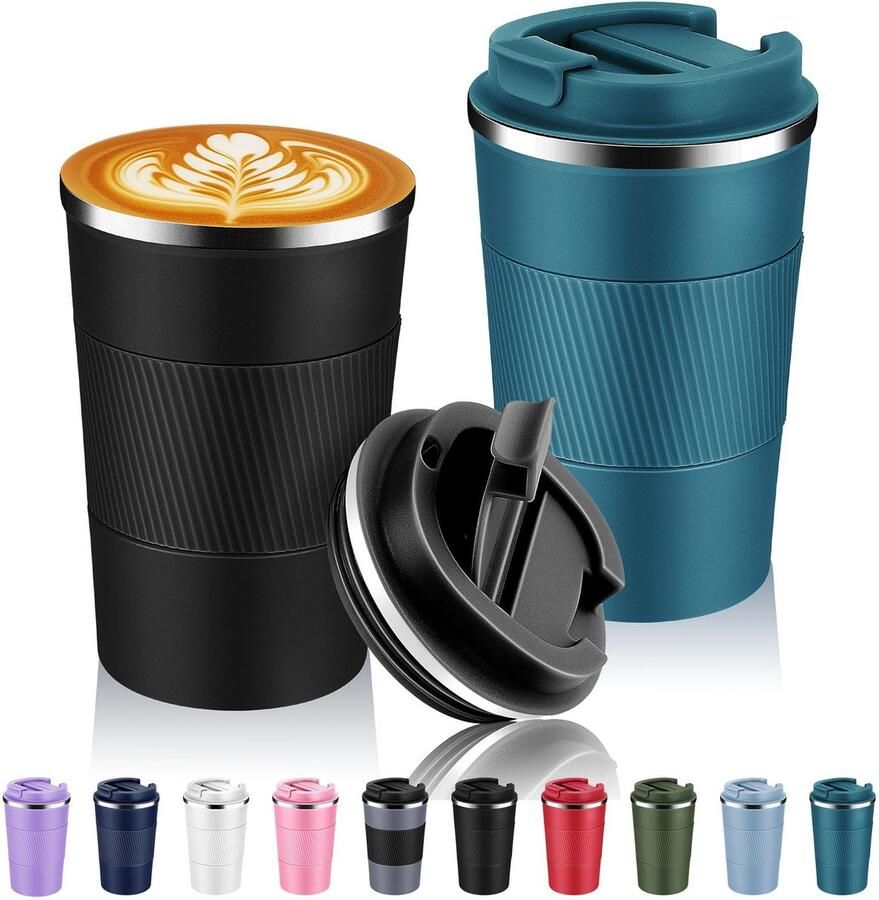 13 oz roestvrij staal geïsoleerde reiskoffiemok met klapdeksel bulk 2 stuks herbruikbare dubbelwandige vacuüm metalen koffiekop draagbare lekvrije thermische beker voor warme en koude