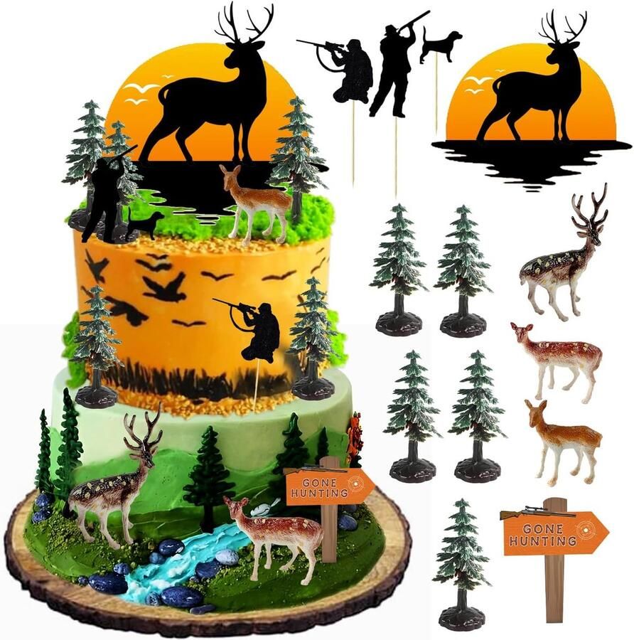 13 stuks Hertenjacht Cake Topper Hertenjager Cake Decoratie Set Herten Boom Groen Camo Jacht Verjaardag Decoraties voor Camo Camping Jacht Verjaardag Baby Shower Feestbenodigdheden