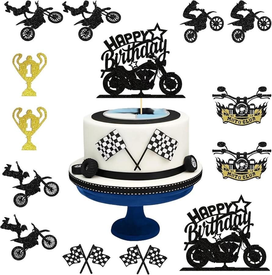 13 Stuks Racemotor Taarttoppers Motor Taartdecoratie Inclusief 1 Motor Happy Birthday Decoratie + 12 Cupcake Toppers en Stokken Zwart