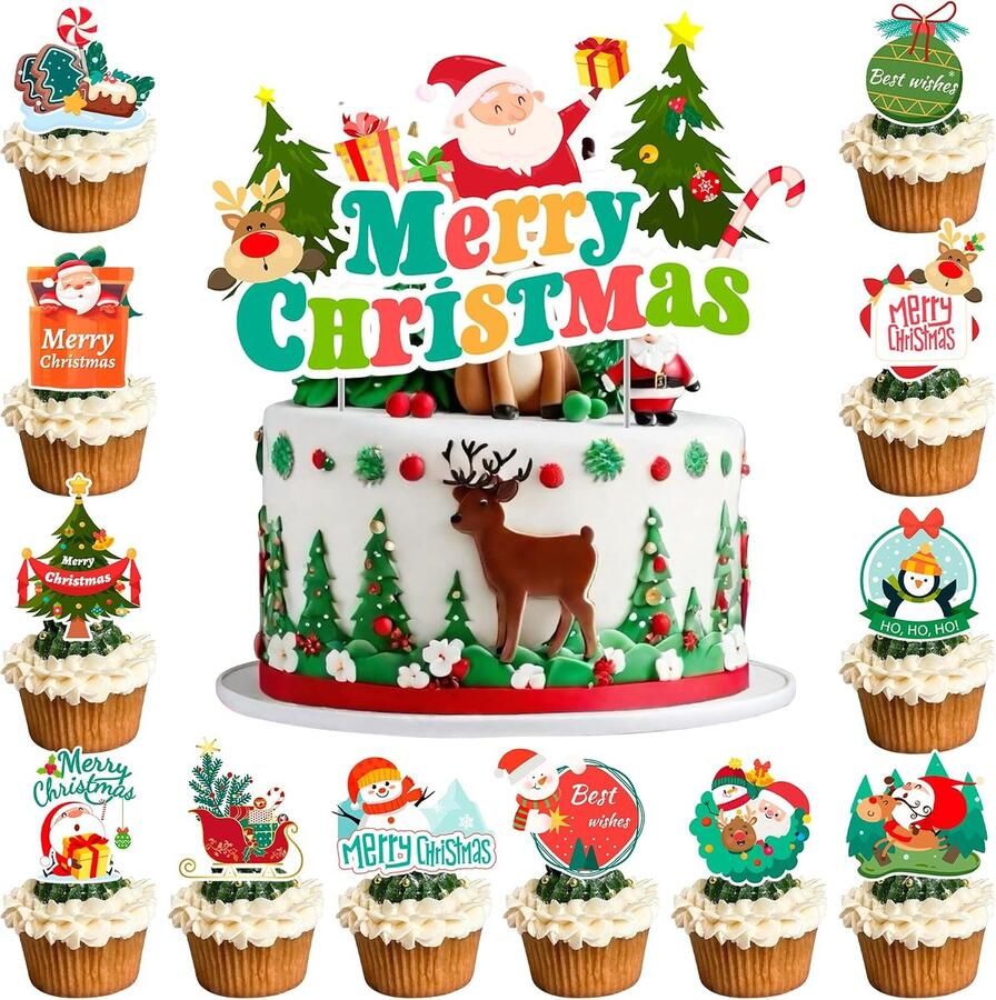 13 stuks taarttoppers kerstfeestset 1 grote kersttaarttopper 12 stuks cupcake-topper perfect voor kerstthemafeest kerstfeest voor kinderen