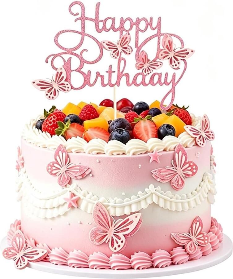 13 stuks vlinder gelukkige verjaardag taarttoppers 3D vlinder taarttoppers glitter vlinder taart decoraties vlinder thema taart cupcake toppers voor verjaardagsfeestje bruiloft taart decoratie (roze)