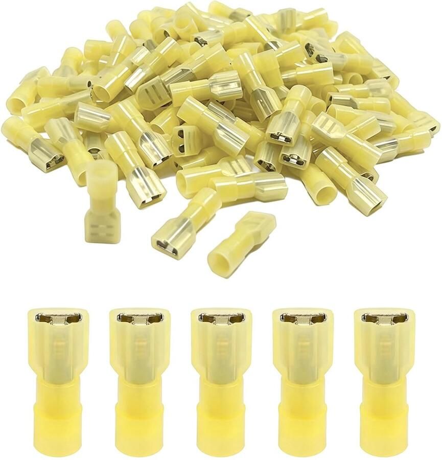 130 stuks platte stekkerhulzen kabelschoen met krimpkous volledig geïsoleerde connectoren kabelschoenen set platte stekkers kabelschoenen voor 4-6 mm² kabel geel 6 3 mm