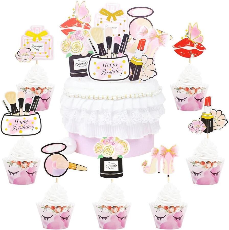 14 stuks cosmetica-taartdecoratie godinnen verjaardag cupcake-toppers make-up-thema lippenstiftdecoratie wimperdecoratie voor verjaardagsfeesten taartdecoratie feestdecoratie