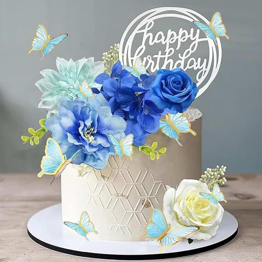 14 stuks kunstbloemen taartdecoratie meisjes taarttopper decoratie herbruikbaar blauw wit taarttopper voor verjaardag bruiloft babyshower