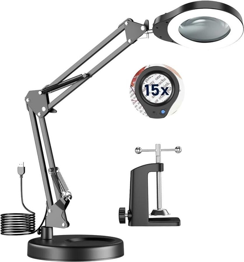 15-voudige loep met licht led-vergrootlamp 5 kleurmodi traploos dimbaar loeplamp met klem verstelbare zwenkarm vergrootglas voor handwerk lezen en knutselen [15 W]