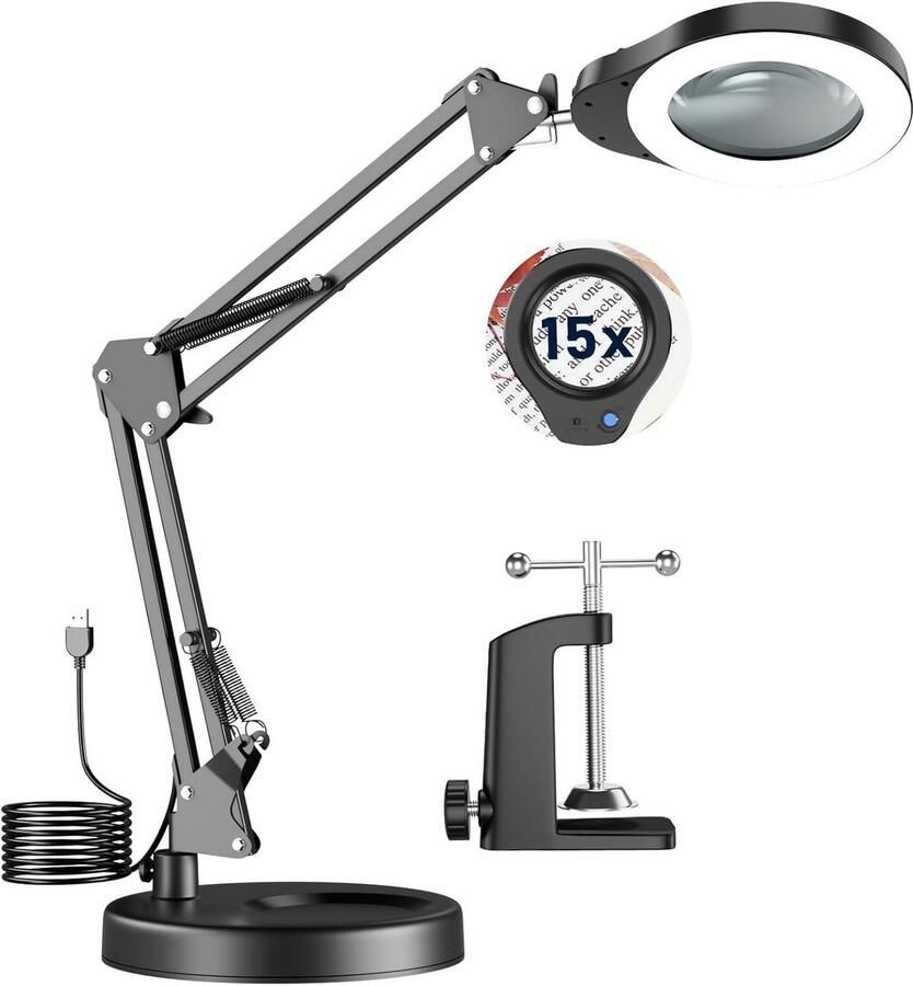15-voudige loep met licht led-vergrootlamp 5 kleurmodi traploos dimbaar loeplamp met klem verstelbare zwenkarm vergrootglas voor handwerk lezen en knutselen [15 W]