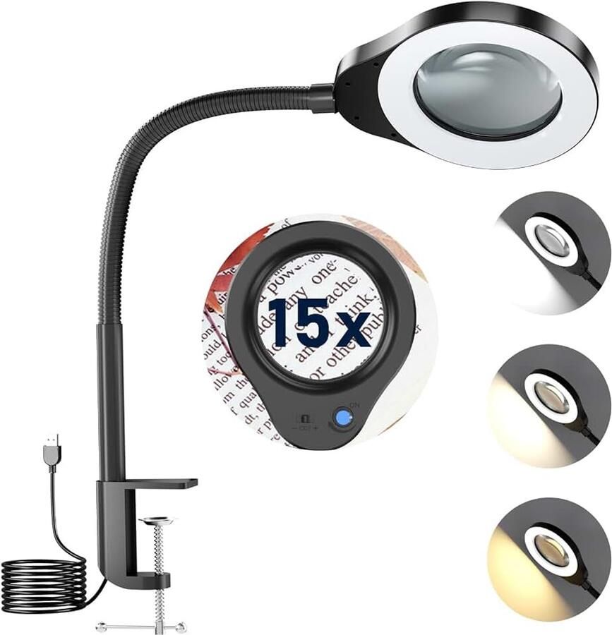 15-voudige loep met licht led-vergrootlamp 5 kleurmodi traploos dimbaar vergrootlamp met klem verstelbare zwenkarm vergrootglas voor handwerk lezen knutselen