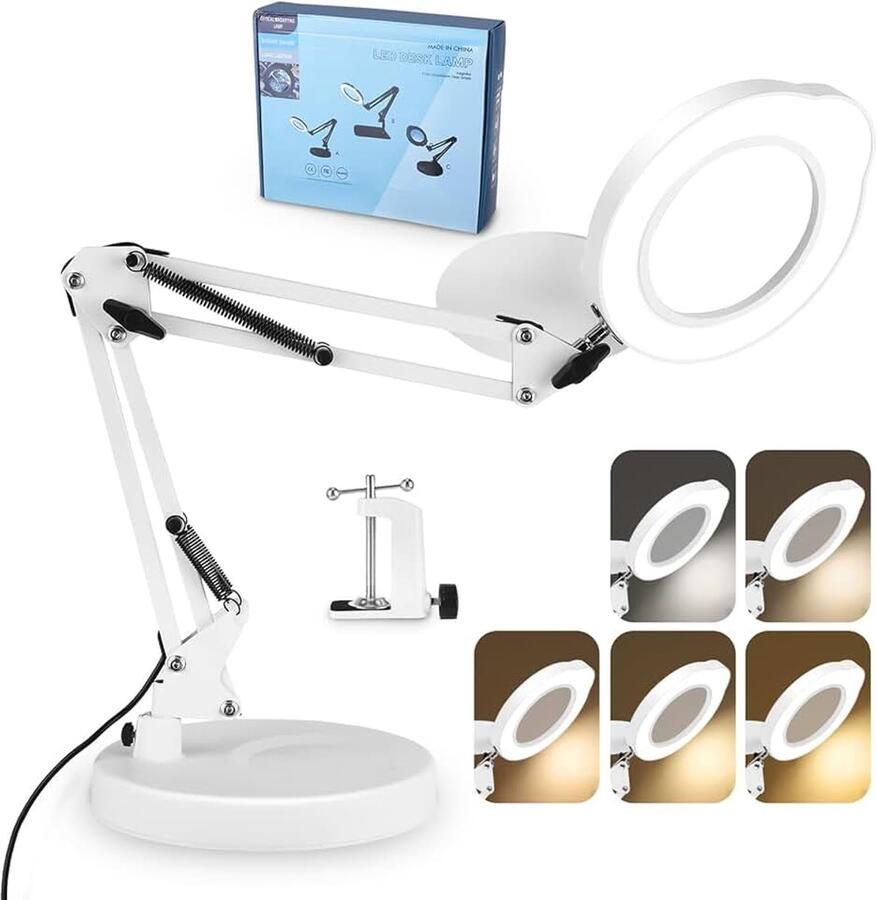 15 x 2-in-1 bureaulamp vergrootglas met basis en klem 5 kleurmodi traploos dimmen led-vergrootlamp met 360° rotatie draaibare arm voor handwerk reparatie (WH)