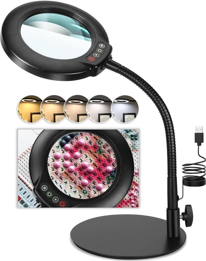 15 x vergrootglas met licht en standaard 5 kleurmodi traploos dimbare led-verlichte bureaulamp handen vrij flexibele zwanenhals loep met licht voor handwerk hobby schilderen werken