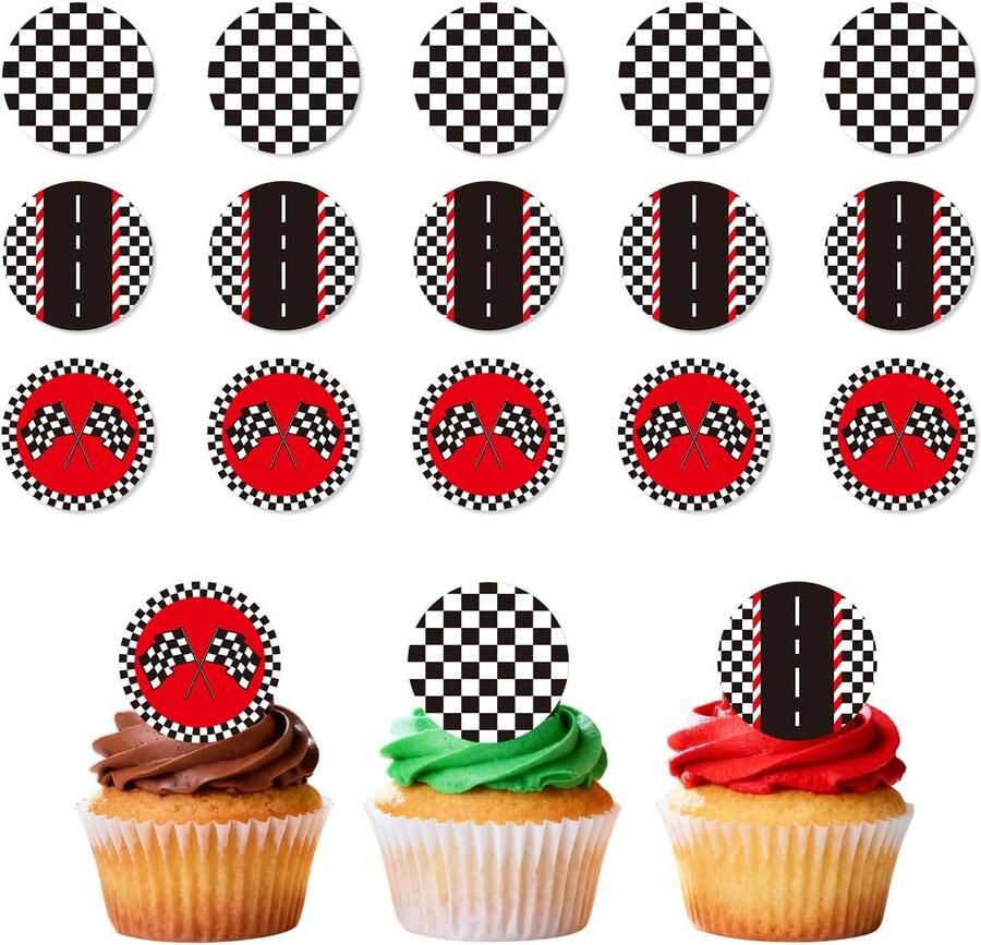 15stk Raceauto Cupcake Toppers Kleefrijstpapier Zwart-Wit Geblokte Cupcake Toppers Voorgesneden Eetbare Decoratie voor een Race-Thema Verjaardagsfeestje