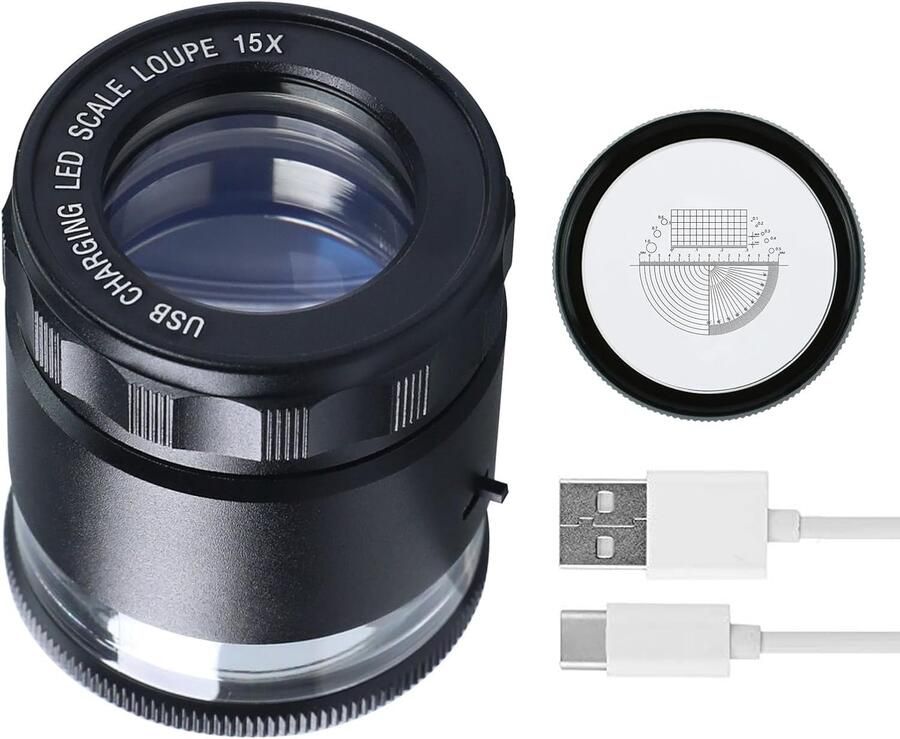 15X met LED-licht USB oplaadbare metalen vergrootglas met afneembare dradenkruisschaal 25 mm kijkgebied verstelbare focus oogloep voor sieraden edelstenen munten en horloges